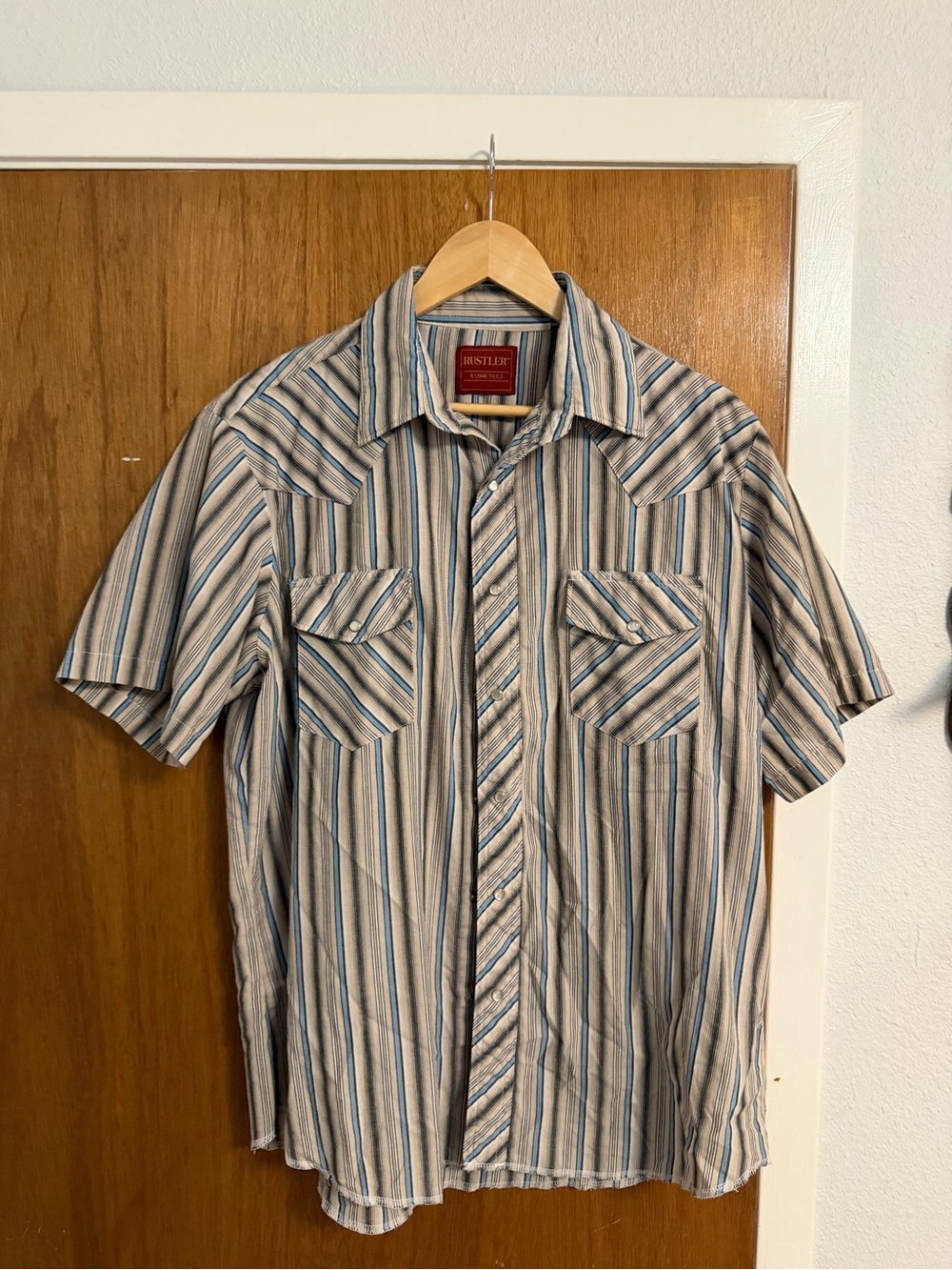 Rustler Short Sleeve Button-Up Shirt in Blue and Tan Stripe